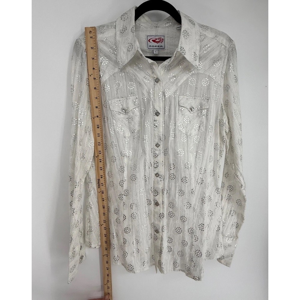 Roper Shirt Large Womens White Metallic Western Coastal Cowgirl Pearl Snaps - Picture 9 of 11